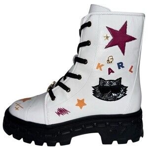 Karl Lagerfeld Womens Size 10 Boots Combat Lamprini Ikonic White Leather New